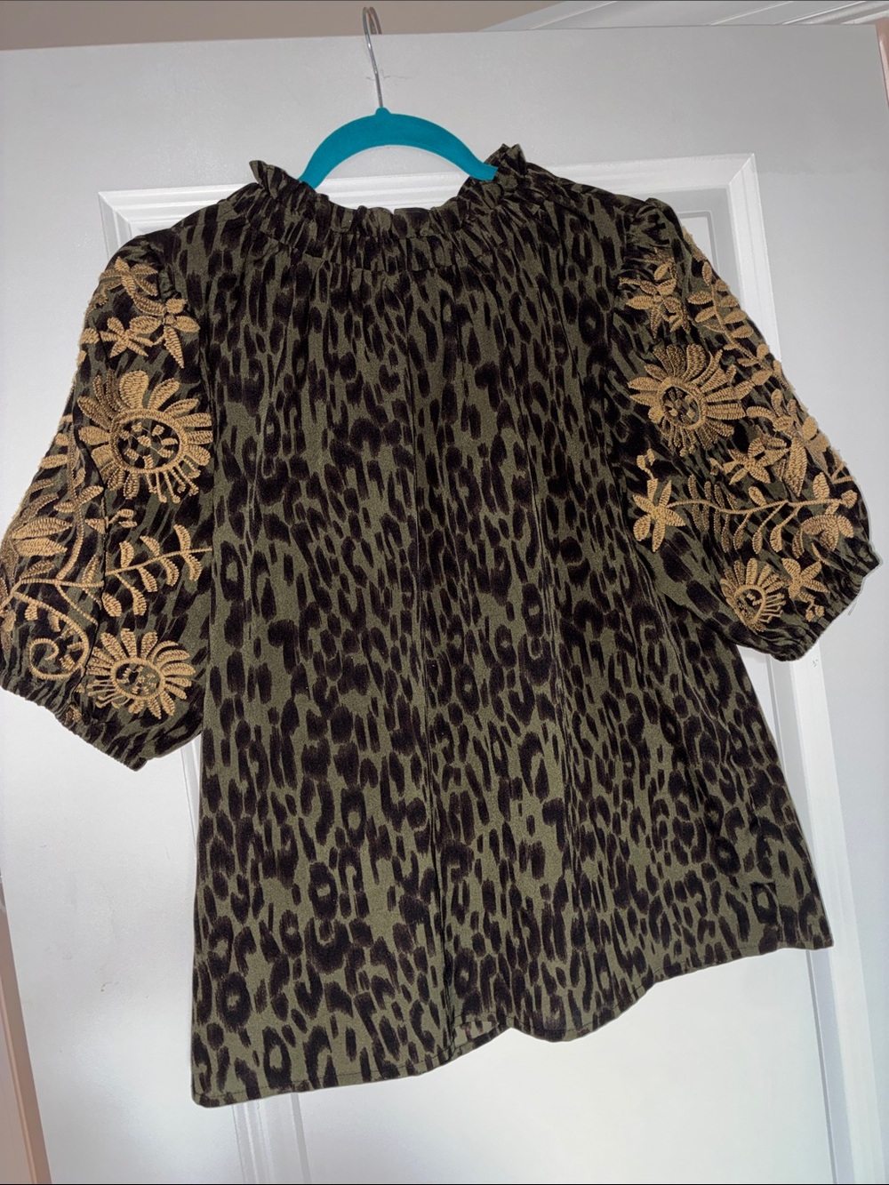 THML Olive Leopard Print Blouse with Gold Floral Embroidered Sleeves